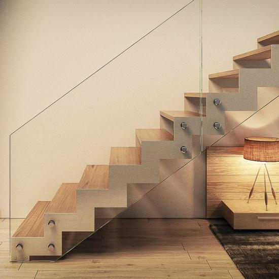 Moderne Stahl-Holz Treppe mit Glasgeländer von Polnische Holztreppen