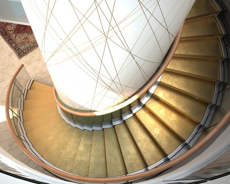 Bogentreppe mit Stufen in Blattgold ummantelt