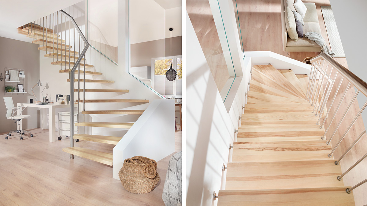 Geländertragende Treppe mit Edelstahlhandlauf von Unnerstall Holzverarbeitung