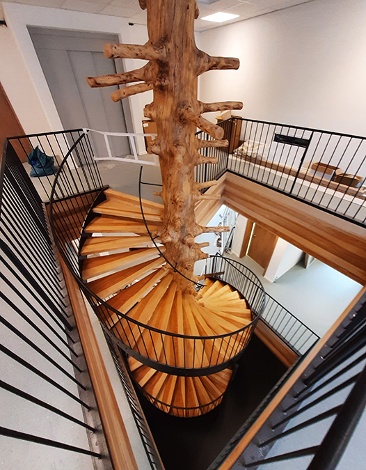 Unikat-Baumtreppe als Spindeltreppe mit Wangen und Geländer aus Stahl von OSWALD Treppenbau 