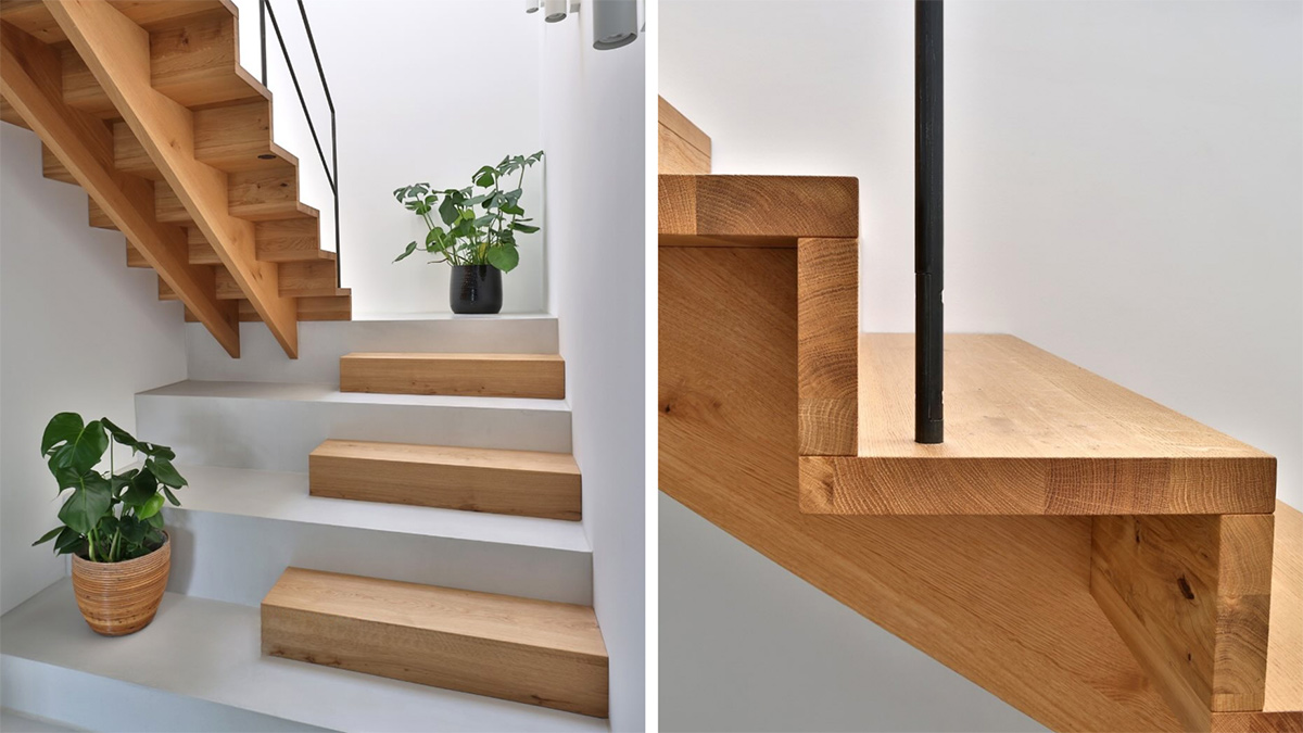 Individuelle Podesttreppe aus Holz und Beton von Schmidmayer Treppenbau